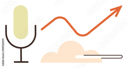 Microphone with cloud, upward arrow, and smooth curve indicating audio growth and trends. Ideal for media, podcasting, technology, cloud concepts, analytics innovation networking. Simple flat