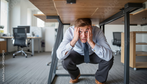 Frustrated man crouching under desk in modern office setting  