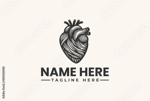 A black and white illustration of a human heart with a bold, modern logo design on a clean white background, featuring placeholder text.