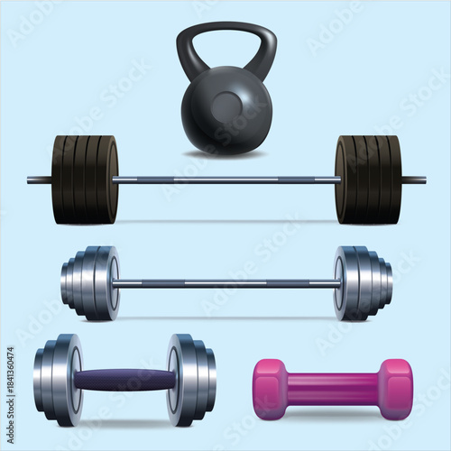 Assortment of realistic weightlifting equipment including barbells kettlebell and dumbbells for fitness