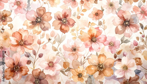 Delicate, soft floral print with muted pinks, oranges, and browns