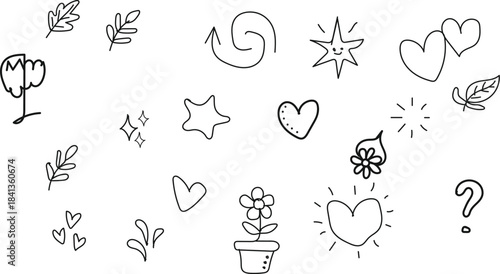 Collection of hand drawn doodle icons including hearts leaves stars and flowers	
