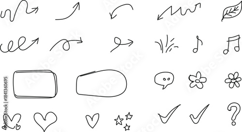 Hand drawn doodle icons arrows leaves music notes flowers hearts checkmarks and question marks	
