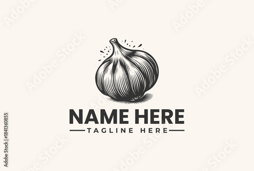 Black and white illustration of a garlic bulb with text placeholder for a logo or brand name on a plain background.