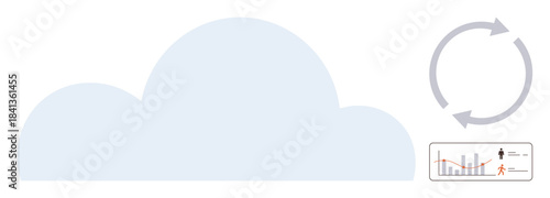 Large cloud shape paired with circular arrows and data analytics bar chart symbols. Ideal for technology, cloud storage, process automation, analytics, workflow, management, business growth. Minimal