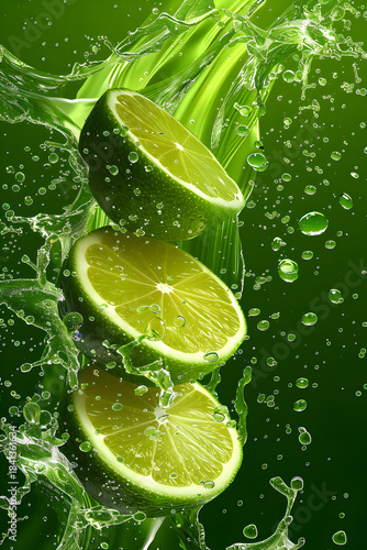 Fresh lime slices with water splash on green background
