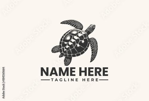 Vector illustration of a turtle logo with placeholder text on a beige background, featuring a stylized turtle design and customizable name and tagline.
