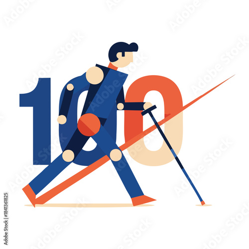 A vibrant geometric illustration depicts an elderly man confidently walking with a cane, symbolizing health, longevity, and achieving the significant milestone of one hundred years.