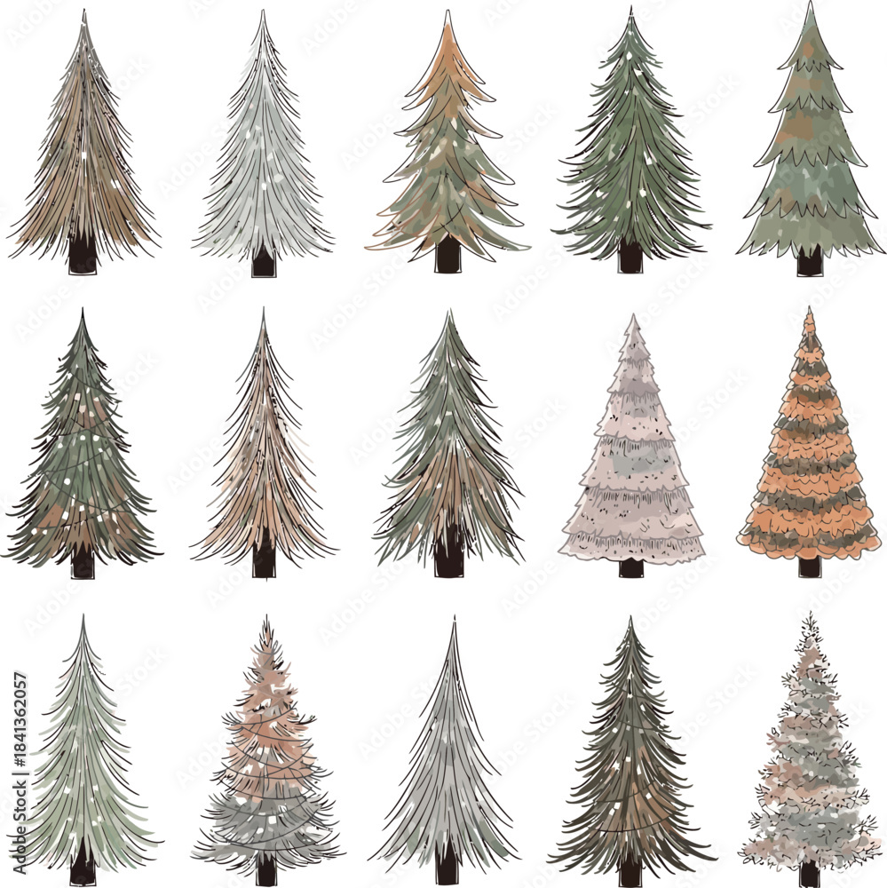 Obraz premium A collection of fifteen stylized and editable illustrations of Christmas trees in various colors and textures, presented in a grid format on transparent background.
