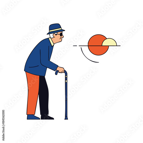 Elderly gentleman with hat and cane walks with a stylized sun and horizon line, symbolizing aging and the passage of time.