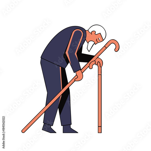 An elderly man with a beard leans on two walking canes, illustrating the challenges of aging and mobility.