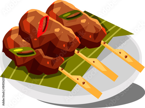 Delicious grilled meat skewers on banana leaves, a delightful savory snack or meal served on a white plate, perfect for food blogs or menus