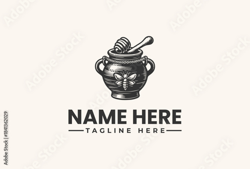 A black and white illustration of a honey pot with a honey dipper on top, set against a clean white background, with a placeholder text for a logo and tagline in a simple, vector design.