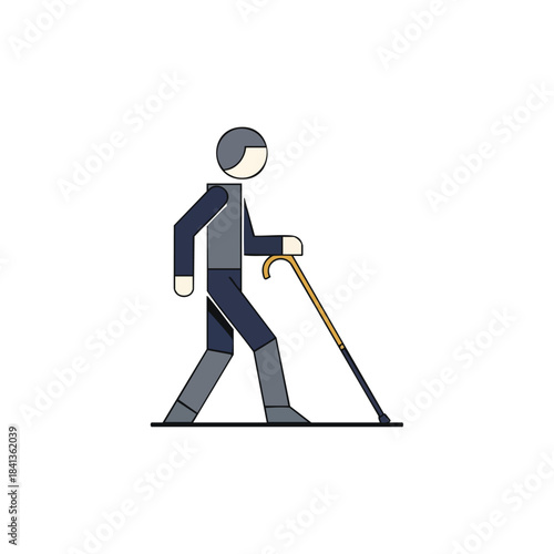 Stylized illustration of a person walking with a cane, symbolizing assistance, mobility, and independence in a modern graphic style.