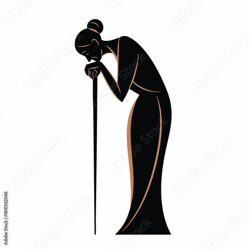 Elegant silhouette of a melancholic elderly woman leaning on a cane, conveying a sense of sadness and reflection.