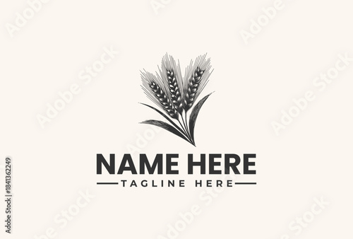 A vector illustration of a wheat logo with a placeholder name and tagline on a beige background.