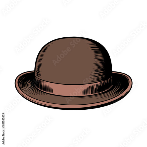 Brown bowler hat in classic design with round crown and wide brim  