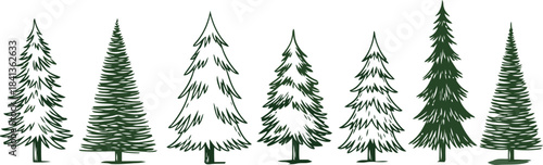 A collection of seven different editable coniferous trees, rendered in a sketch-like style with dark green foliage and visible trunks on white background.