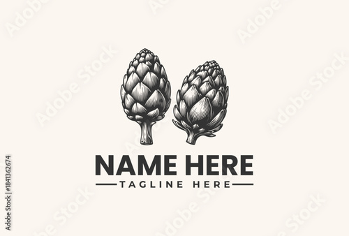 Vector illustration of two artichokes with a logo template on a beige background, featuring a name and tagline placeholder in a simple design.