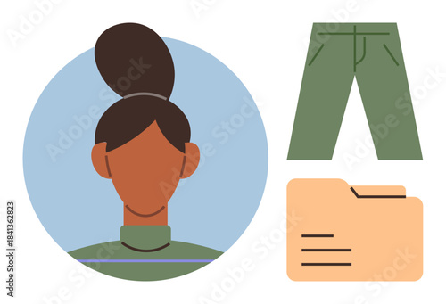 Woman with dark hair in bun inside circle, green pants, and folder with text lines. Ideal for identity, organization, fashion, employment, documentation diversity simplicity. Clean flat metaphor