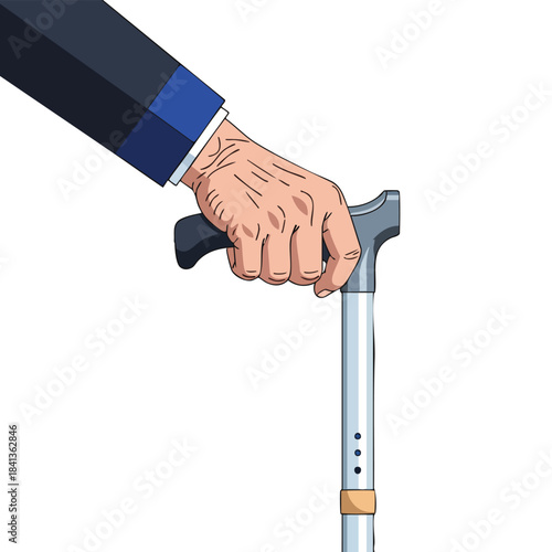 Elderly person's hand firmly grips a modern adjustable walking cane, symbolizing support and independence.