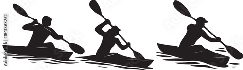 Kayak paddlers silhouettes in motion,kayakers dynamic rowing poses, water sport, outdoor recreation, adventure, vector illustration