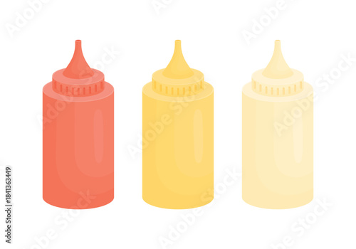 Three bottled sauces on a white background. Ketchup, mustard, and mayonnaise for fast food restaurants. American cuisine.