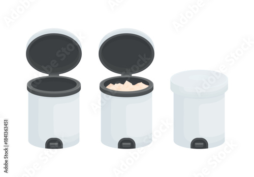 A set of trash cans on a white background. An office trash can, open, full of trash, and closed.