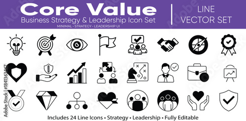 Business strategy and leadership line icons representing core values and minimal UI design