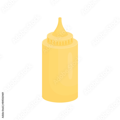Mustard in a yellow bottle on a white background. Mustard for fast food restaurants. Kitchen elements.