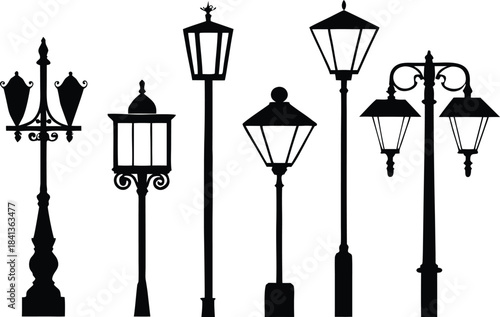 Street lamp collection, urban lighting design, vintage and modern styles silhouette vector illustration