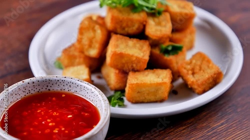 Delicious Golden Fried Tofu Cubes with Spicy Chili Sauce and Fresh Green Herbs