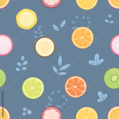 A pattern with fruit slices and flowers on a dark blue background. A simple summer pattern with lemon, banana, lime, mangosteen, and passion fruit.