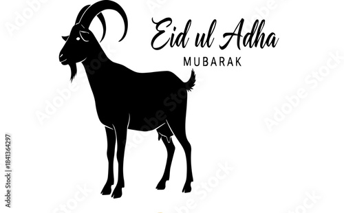 Eid ul Adha Mubarak vector greeting with black goat silhouette isolated on white background
