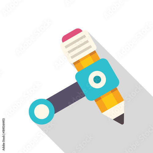 Robotic arm is holding a pencil with eraser in flat design style with long shadow