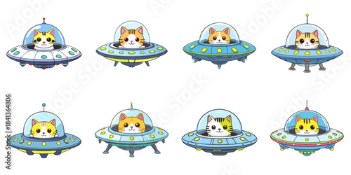 Multiple vector illustrations of cat aboard a UFO