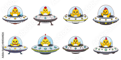 Multiple vector illustrations of chicken aboard a UFO