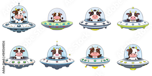 Multiple vector illustrations of cow aboard a UFO