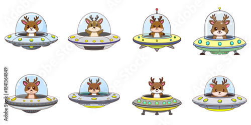 Multiple vector illustrations of rain deer aboard a UFO