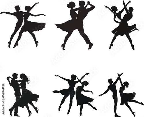  Ballet couple dancing together set Silhouette Vector	