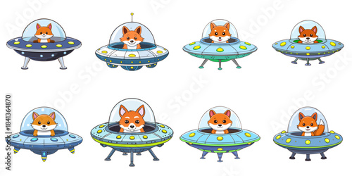 Multiple vector illustrations of fox aboard a UFO