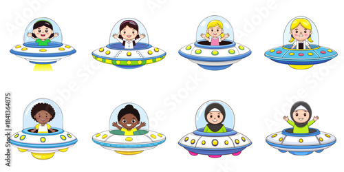 Multiple vector illustrations of woman aboard a UFO