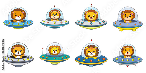 Multiple vector illustrations of lion aboard a UFO