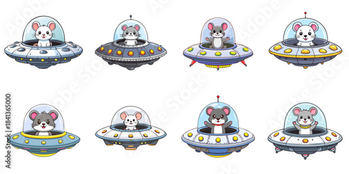 Multiple vector illustrations of mouse aboard a UFO