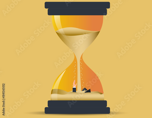 Business deadline and Time management. Businessman be trapped in hourglass and asking for help.