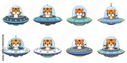 Multiple vector illustrations of tiger aboard a UFO