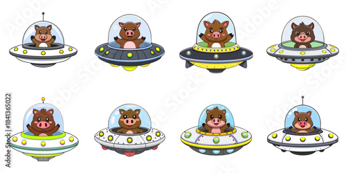 Multiple vector illustrations of wild boar aboard a UFO