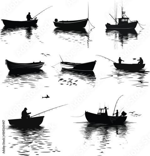  Boat on calm water fishing theme set Silhouette Vector	