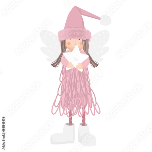 Cute Winter Angel Girl in Pink Holding a Star