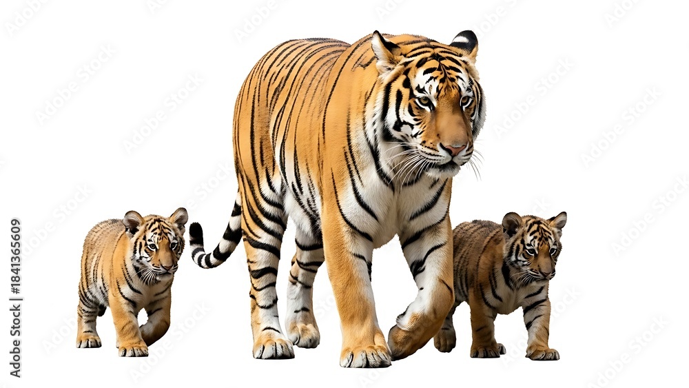 Fototapeta premium Majestic Tiger Mother with Two Adorable Cubs Walking Together.